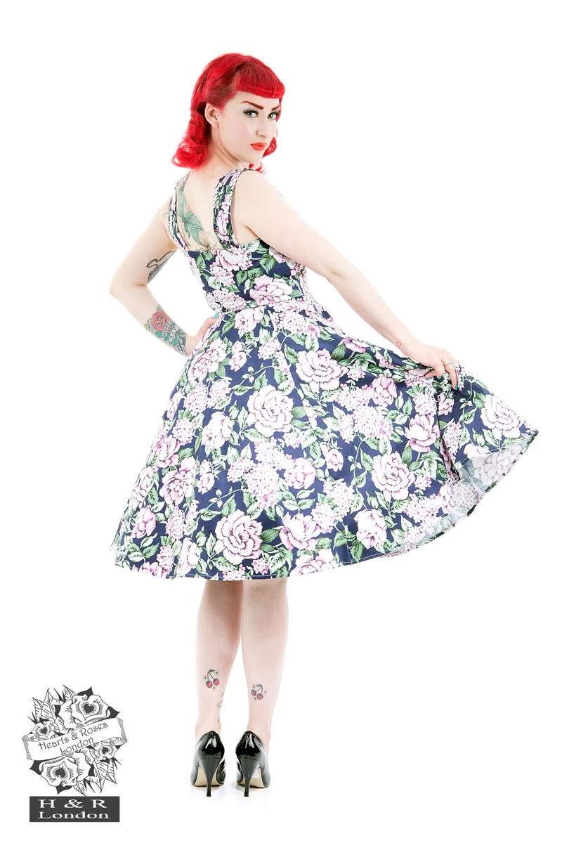 Navy Pink Peony Floral Lilac Swing Dress 2 Navy Pink Peony Floral Lilac Swing Dress - Image 2