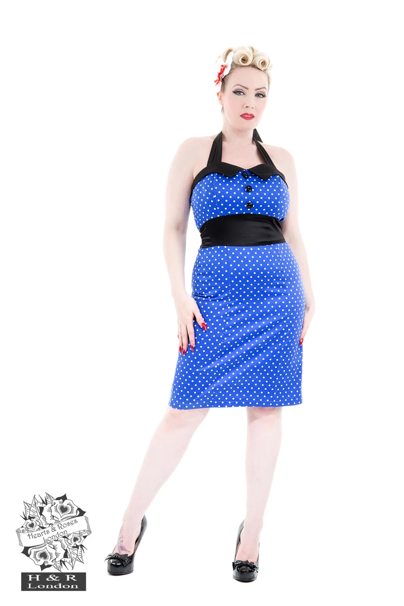 Blue White Polka Dot 40S Pencil Dress 1 Blue White Polka Dot 40S Pencil Dress