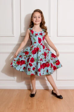 50s Ditsy Rose Floral Summer Dress In Blue