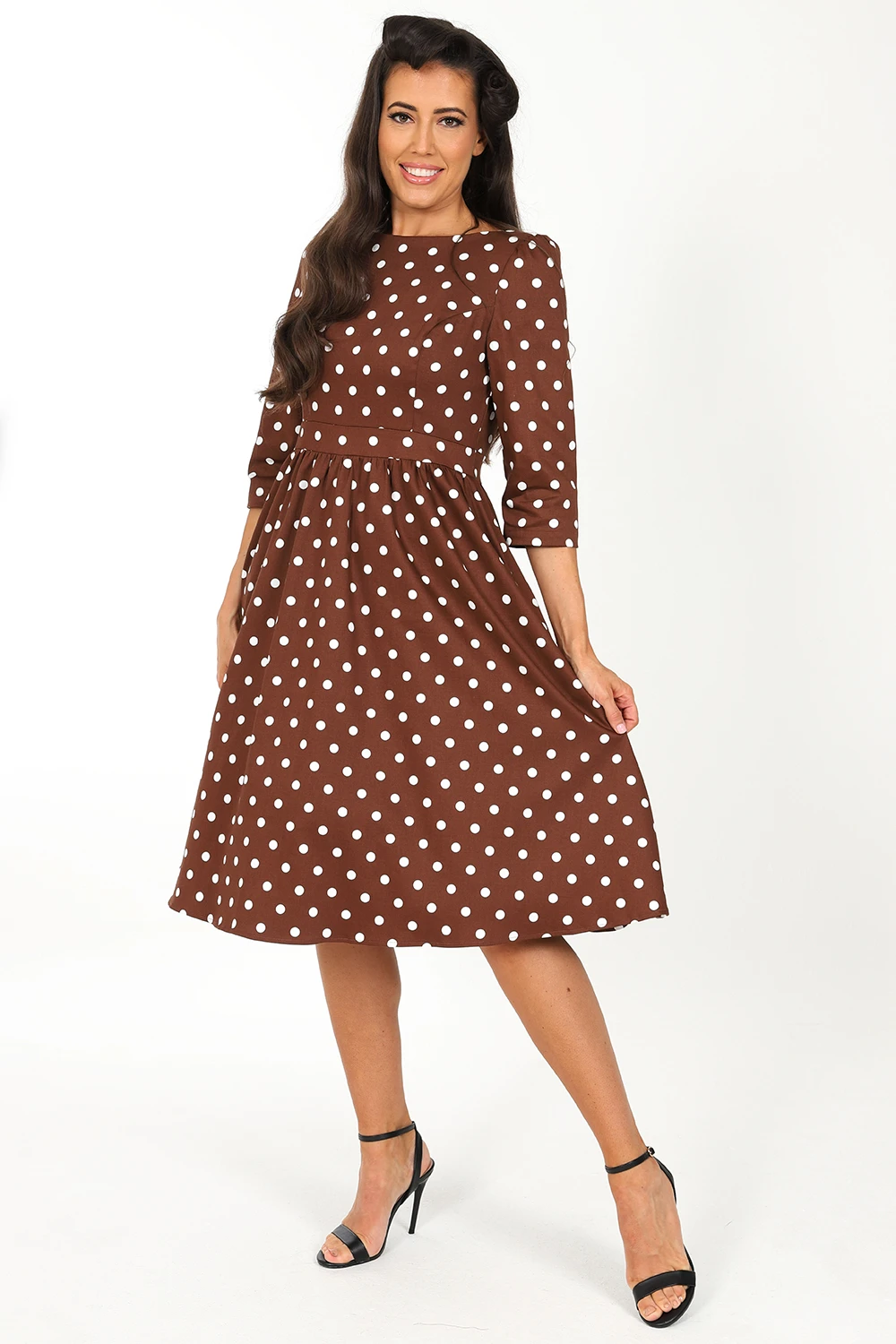 Milana Polka Dot Swing Dress In Brown 1 Milana Polka Dot Swing Dress In Brown