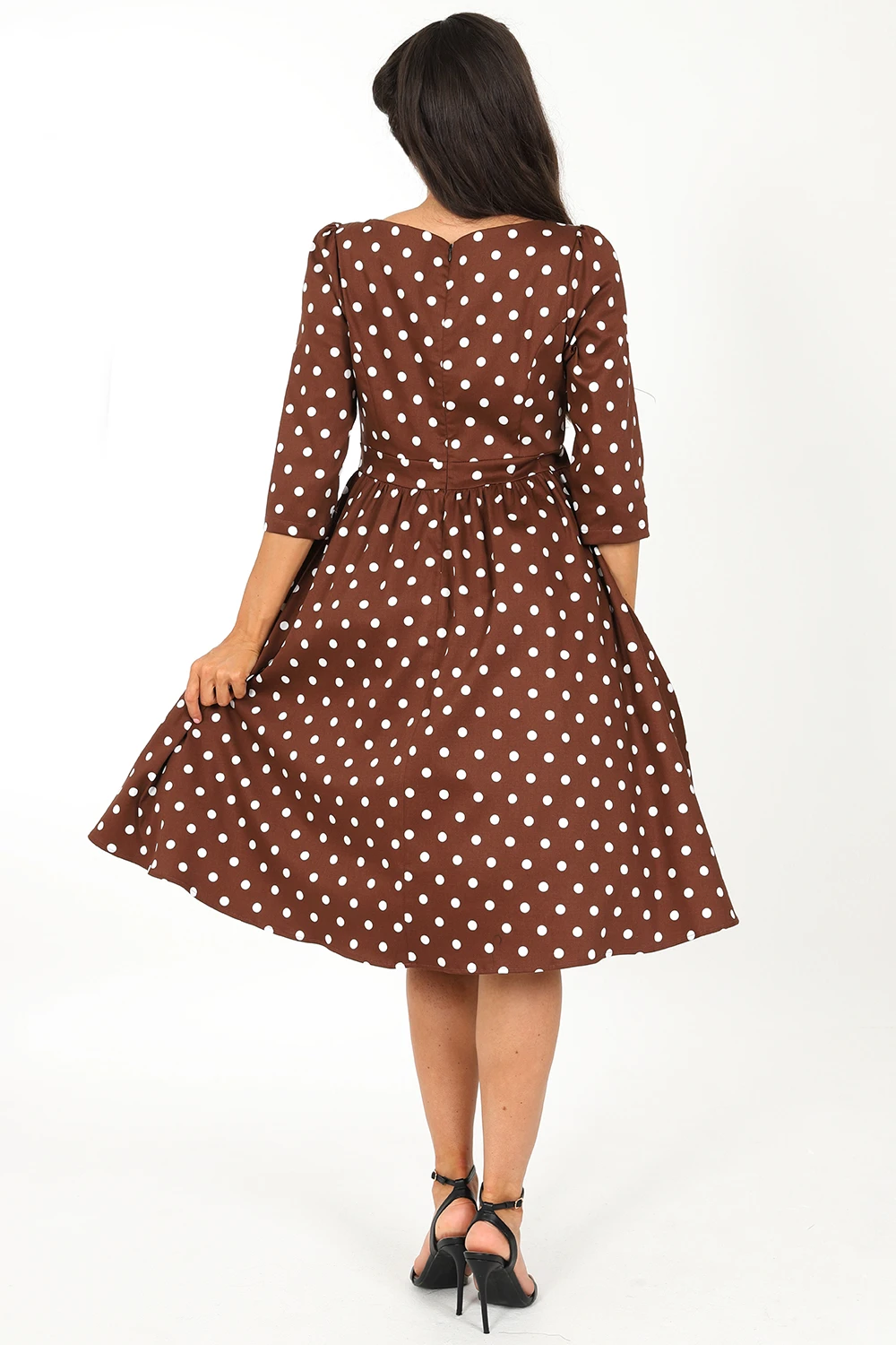 Milana Polka Dot Swing Dress In Brown 2 Milana Polka Dot Swing Dress In Brown - Image 2